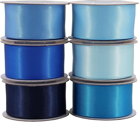 Double Face Blue Satin Ribbon for Gift Wrapping Wedding Gift Ribbon Baby Shower Boy 6 Colors Satin Ribbon 1" X 5 Yard Each Total 30 Yds Per Packag...