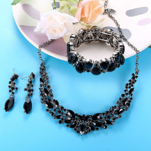 FIASASO Black Bridal Jewelry Set for Women Rhinestone Wedding Necklace Bracelet Dangle Earrings for Bride Bridesmaid Prom Jewelry Accessories...