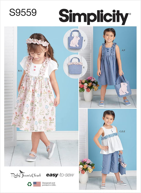Simplicity Children's Top, Pants, Purse, Headband, and Dress Sewing Pattern Kit, Code S9559, Sizes 3-4-5-6-7-8, Multicolor...