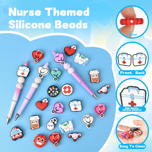 30pcs Silicone Focal Beads for Pens Silicone Focal Beads Bulk Cute Beaded Pen Decor Silicone Beads for Keychain Making,Nurse...