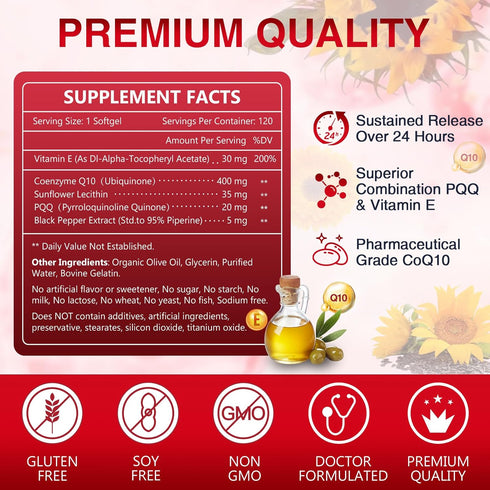 NATURE TARGET CoQ10-400mg Plus PQQ with Vitamin E & Organic Olive Oil - Coenzyme-Q10 with BioPerine - High Absorption Antioxidant-for-Heart-Health...