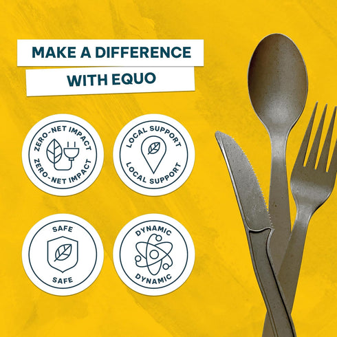 EQUO Coffee Disposable Utensil Set (Pack of 30 Forks, Spoons, Knives - 10 each) - Plastic-free, Home-compostable, Heat-safe utensils for Parties, ...