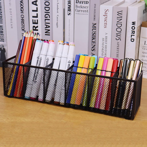 Black Mesh Pen Pencil Holder, Small Metal Desk Organizer Desktop Stationery Office Supplies Acessories Storage Stand, 6 Compartments Brushes Holde...