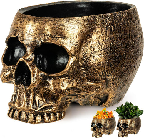 Skull Planters for Indoor Plants, 7 Inch Large Halloween Skull Candy Bowl, Bronze Resin Gothic Skull Planter Pot Vase for Home Office Desk Decorat...