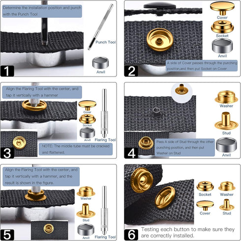 40 Pieces (10 Sets) Gold Leather Snap and Fastener Kit Tool 5/8 inches (15mm) Snaps for Leather Fasteners Kit for Leather Stainless Snaps Button f...