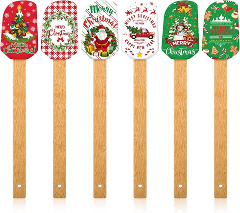 6 Pieces Christmas Silicone Spatula Xmas Cake Spatula with Wooden Handle Snowmen Pancake Spatula Cute Pan Scraper Xmas Dish Scraper Cooking Spatul...