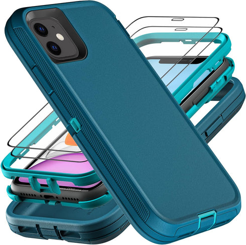 for iphone 11 Case, Military Grade 3 in 1 Heavy Duty Shockproof/Drop Proof/Dust Proof Case with 2Pcs Tempered Glass Screen Protector (Blue/Turquoi...