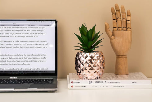 Porcelain Potted Artificial Succulent 7.8" Pineapple Ananas Plant Home Office Kitchen Window Bathroom Decoration (Rose Gold)...