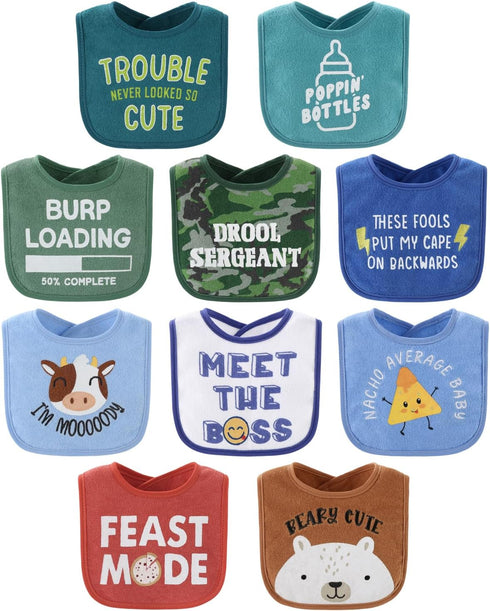 The Peanutshell Baby Boy Bibs Set, Terry Cloth, Eating, Drooling, Teething Essentials for Newborn, Infant, Toddler Babies, 10 Pack Funny Sayings i...