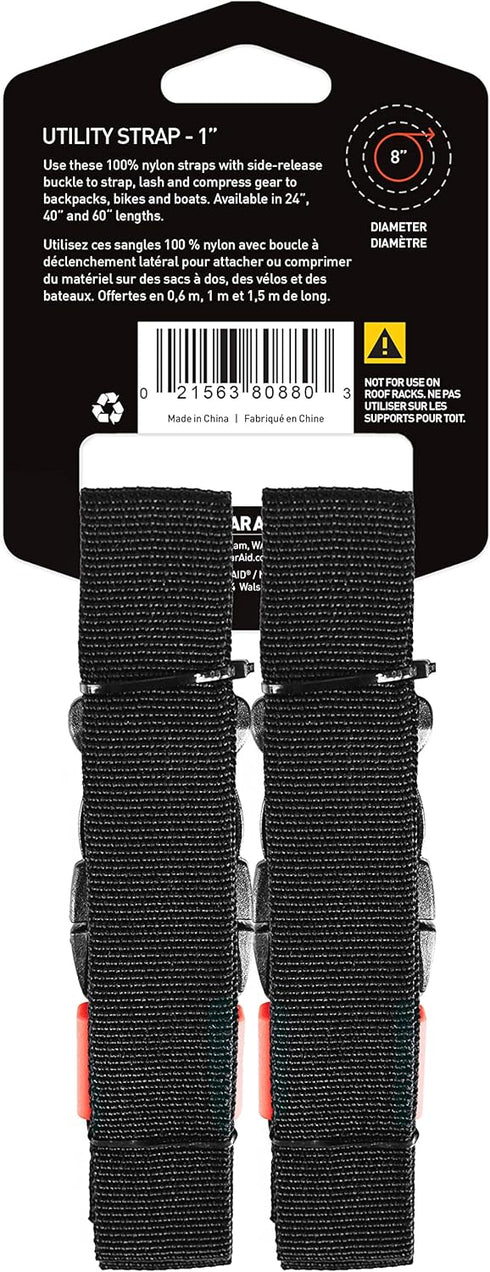 GEAR AID Utility Straps with Side-Release Buckle, Secure and Compress Camping, Biking, Hunting, Boating Gear, Multiple Sizes 1" x 24"...