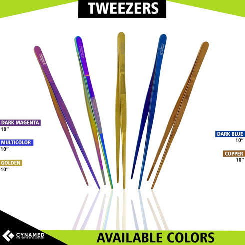 Cynamed 10” Kitchen Premium Tongs Tweezers Stainless Steel, Long with Precision Serrated Tips (Rainbow)...