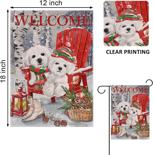 Home Decorative Welcome Winter Bichon Frise Dogs Red Chair Garden Flag, Puppy Pinecone House Yard Ice Skates White Birch Trees Outside Decoration,...
