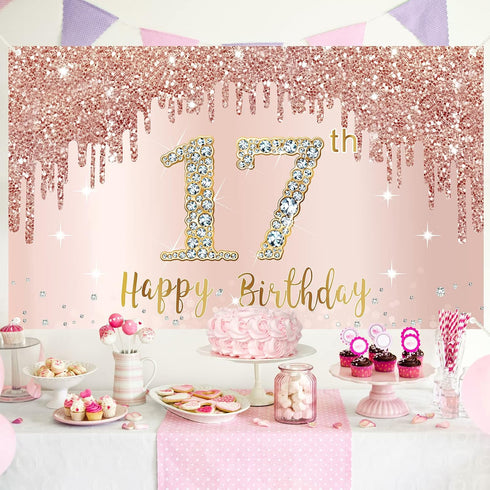 Happy 17th Birthday Banner Backdrop Decorations for Girls, Rose Gold 17 Birthday Party Sign Supplies, Pink Seventeen Birthday Poster Background Ph...