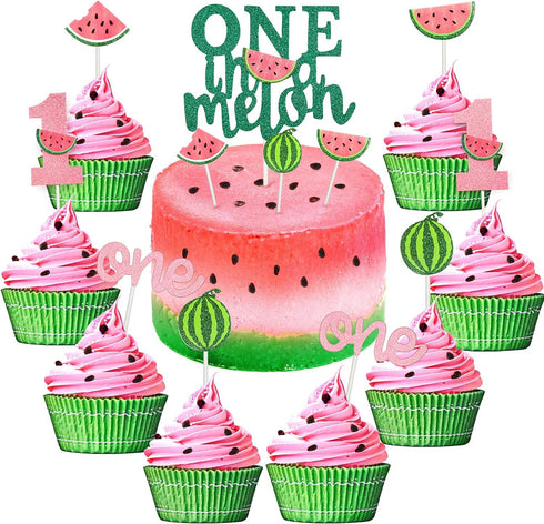 Set of 27 One in a Melon Cake Cupcake Toppers Glitter Watermelon Cake Toppers 1st Birthday Party Cake Decor Watermelon Themed Kids Party Supplies ...