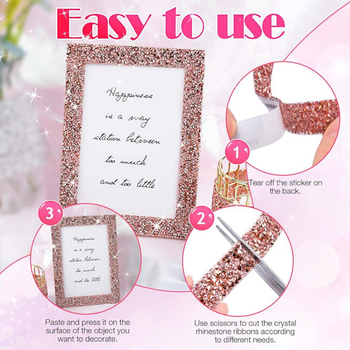 4 Rolls Rose Gold Pink Rhinestone Diamond Ribbon/Strips Self-Adhesive Crystal Diamond On a Roll, Bling Wrap DIY Art Crafts Sticker, Rhinestones Ta...