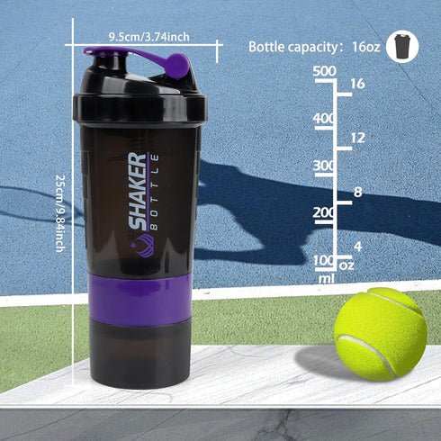 Shaker Bottle - Protein Shaker Cup with Storage Compartments - Leak-proof Workout Shake Bottles with Mixer for Smooth Mixing-500ML/16oz (PURPLE & ...