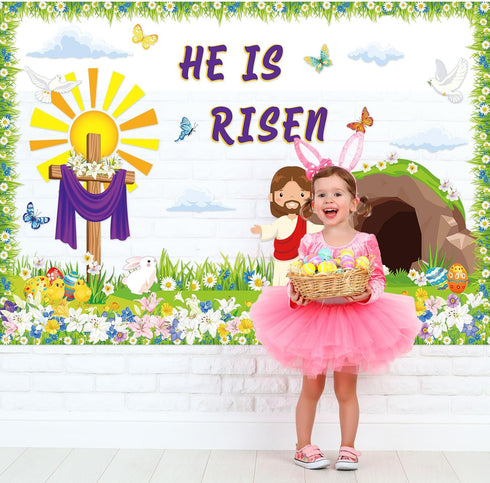 74 Pcs Christian Easter Bulletin Board Decorations Set Easter Bunny Egg Flower Paper Cutouts with Border He Is Risen Classroom Decor for Home Nurs...