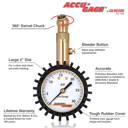 Accu-Gage Low Pressure Tire Gauge with Protective Rubber Guard, Angled Chuck, 30psi...