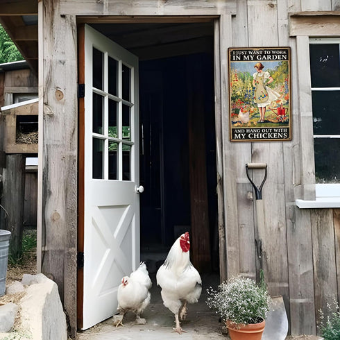 Rustic Garden Sign - "I Just Want to Work in My Garden and Hang Out with My Chickens" Decorative Metal Sign, Perfect Chicken Coop Sign and Gift fo...