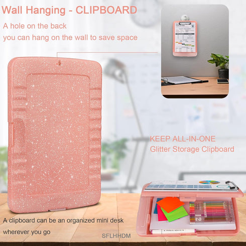 Glitter Clipboard with Storage,Storage Clipboard with Pen Holder,A4 Binder Clip Boards 8.5x11 with Low Profile Clip,Side Opening Sparkle Clipboard...