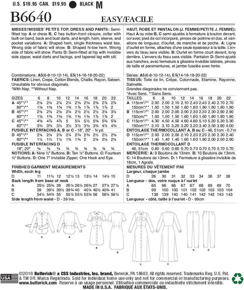 Butterick B6640A5 Easy to Sew Women's Petite Top, Pants, and Dress Sewing Patterns Sizes 6-14...