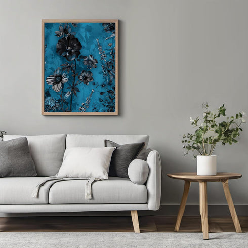 Posterizer 1 pcs-gray flowers-blue background-surreal aesthetic art-Floral & Botanical Art-Abstract & Modern Art-Decor for Home & Office- UNFRAMED...