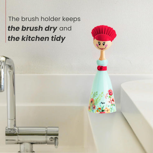 Vigar Dolls Dish Brush with Ergonomic Handle and Dres-shaped Storage Holder - Scrub Brush for Pans, Pots, Kitchen Sink Cleaning, Blue/Pink...