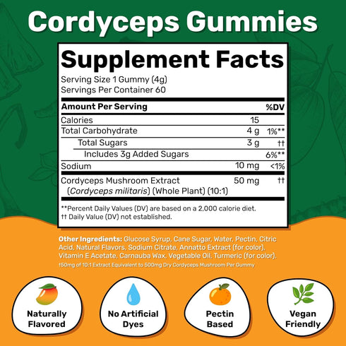 Cordyceps Mushroom Gummies for Adults | Mango & Pineapple | 60 Servings | Mushroom Energy Gummies for Focus | Super Mushroom Daily Gummies for Ath...