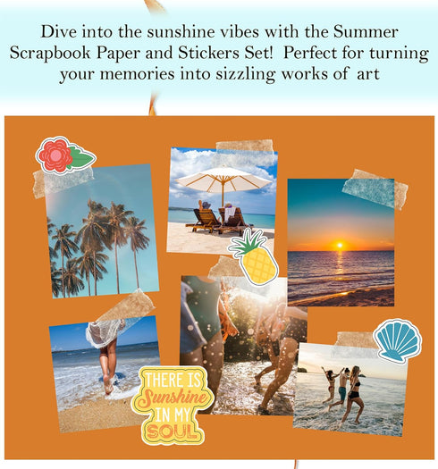 Summer Scrapbook Paper & Stickers Kit - Beach Theme Cardstock & Stickers, 4 Items, 12x12 Inch, Modern Style, Square Shape, Variety Pack...