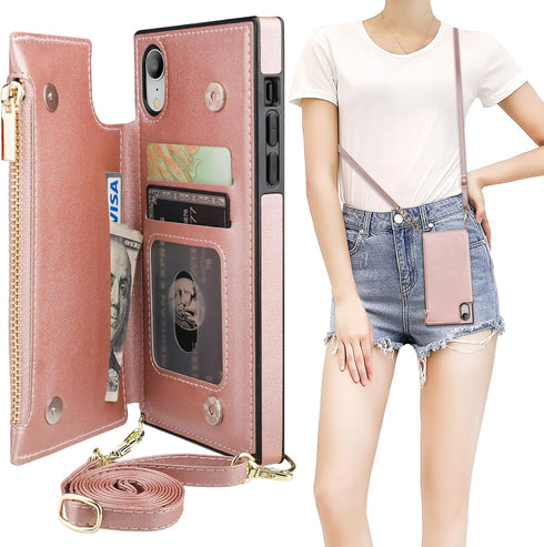 Bocasal Crossbody Wallet Case for iPhone Xr with Card Holder,Zipper Card Slot Protector Shockproof Purse Cover with Removable Cross Body Strap 6.1...