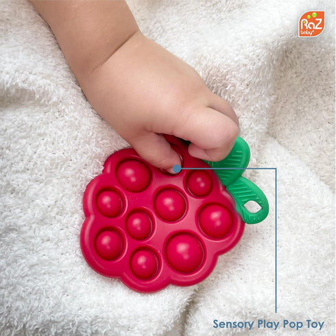 RaZbaby RaZberry Pop Teether for Babies 3 Months & Up - Natural Raspberry Shaped Designed with Soft BPA Free Silicone Poppers - Textured for Senso...