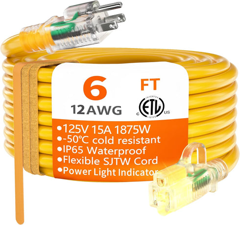 HUANCHAIN 12/3 Gauge Heavy Duty Outdoor Extension Cord 6 ft Waterproof with lighted end, Flexible Cold-Resistant 3 Prong Electric Cord Outside, 15...
