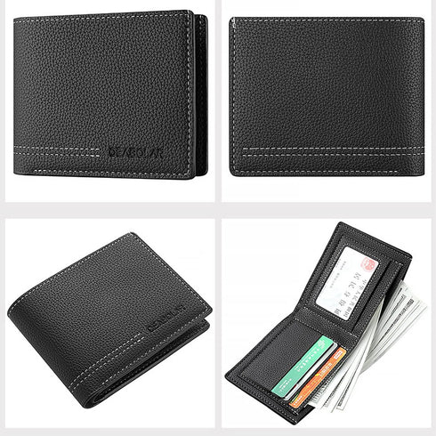 Men Wallet Black PU Material 4 Credit Card Holder 2 Money Pockets 1 Clear Window Suitable for Men Women Gifts without RFID Slim Small Wallets for ...