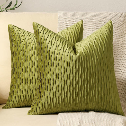 DEZENE 18x18 Moss Green Throw Pillow Cases: 2 Pack Original Striped Velvet Square Decorative Pillow Covers for Farmhouse Couch...