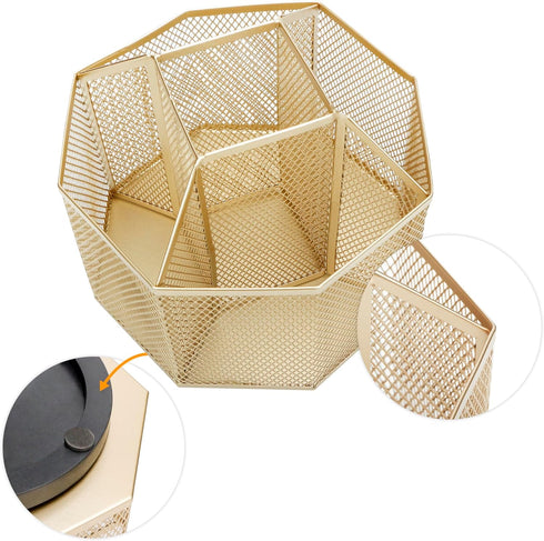 Annova Mesh Desk Organizer Rotate with 5 Compartments Spinning Tidy Candy/Pen Holder Office, Art Supply, Storage, Classroom, Home (Gold)...