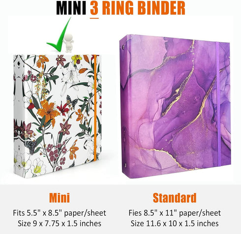 Mini Binders 5.5 x 8.5 Three Ring, 1 Inch Binder, Cute Flower Cover with Elastic Cord, School Binder, Recipe Binder, Fits Paper and Sheet Protecto...