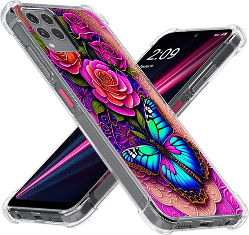 REVVL 6X Pro 5G/REVVL 6 Pro 5G Case,Blue Butterfly Flowers Rose Drop Protection Shockproof Case TPU Full Body Protective Scratch-Resistant Cover f...