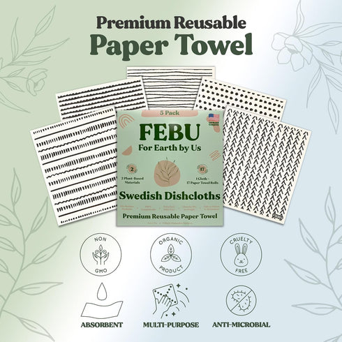 FEBU Swedish Dishcloths for Kitchen | 5 Pack Black Minimalist Reusable Paper Towels Washable | Swedish Dish Towels | Non-Scratch Cellulose Sponge ...