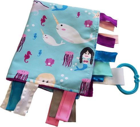 Baby Sensory, Security & Teething Closed Ribbon Tag Lovey Blanket with Minky Dot Fabric: 14”X18” (Mermaids and Narwhals)...