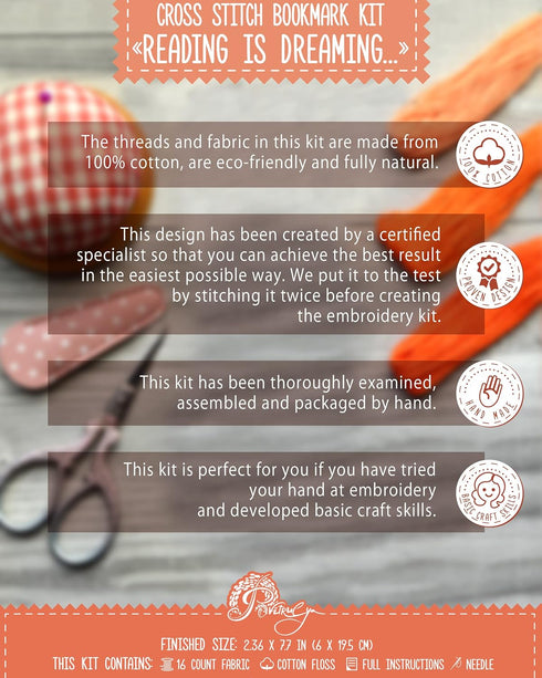 Povitrulya 'Reading is Dreaming' - Embroidery Set for DIY Bookmark - Counted Cross Stitch Kit for Adults with Paper Pattern, 16 Count Aida Canvas ...