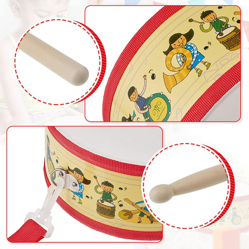 Kids Drum Set 7.87 in Wooden Toy Drum with Adjustable Strap 2 Drumsticks Educational Sensory Musical Instrument Drum Set for Toddlers Kids Baby To...