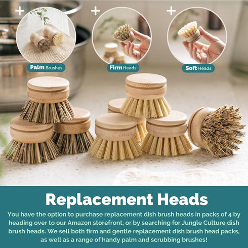 Jungle Culture 4 Piece Bamboo Dish Brush Set for Washing Up • Long Lasting Wooden Dish Brush with 3 Replacement Heads & Loofah Sponge Scourer • Ec...