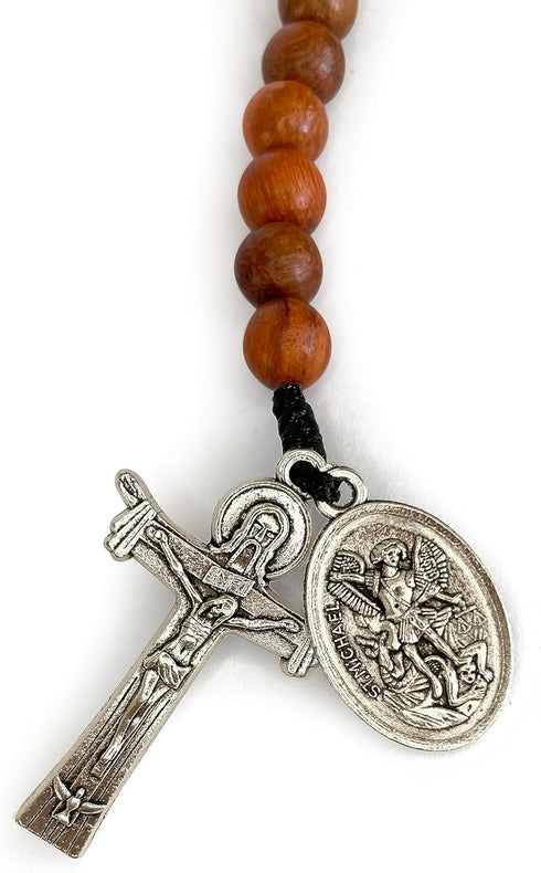 Catholic Prayer Pocket Rosary Holy Trinity Crucifix Saint Michael the Archangel Medal Corded Rosary Keychain Wooden Beads Tenner Open Style One De...