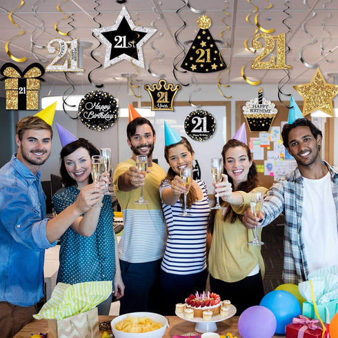30 Pieces 21st Birthday Party Decorations, 21st Birthday Party Decorative Cards and Hanging Swirls Ceiling Decorations Shiny Celebration Hanging S...