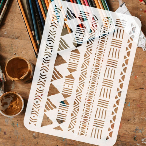 FINGERINSPIRE Mudcloth Elements Pattern Stencil 8.3x11.7inch Tribal Borders Drawing Template African Boho Floral Frame Stencils for Painting on Wo...