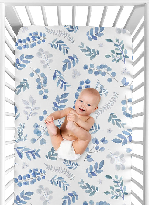 Sweet Jojo Designs Floral Leaf Boy or Girl Fitted Crib Sheet Baby or Toddler Bed Nursery - Blue Grey and White Boho Watercolor Botanical Flower Wo...