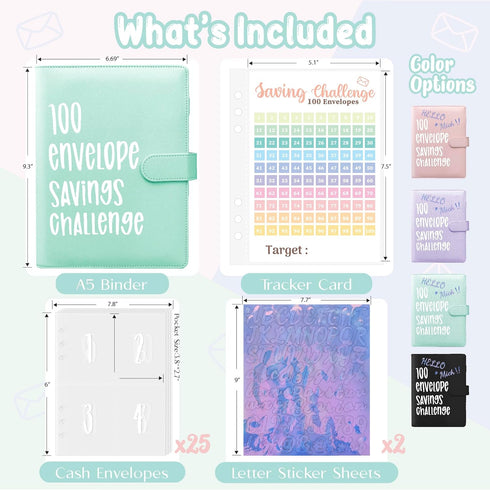 100 Envelopes Challenge Binder, A5 Money Saving Budget Binder with Cash Envelopes, Savings Challenges Book (Blue)...