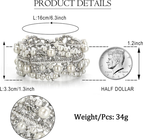 EVER FAITH White Rhinestone Crystal Wedding Jewelry Simulated Pearl Flower Bridal Stretch Bracelet for Women Bride Clear Silver-Tone...