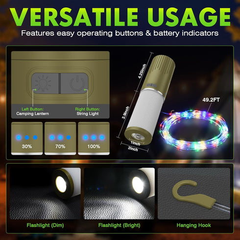 Camping String Light 49ft / Lantern / Flashlight / Portable Nightstand Lamp, Multifunctional Ambience Outdoor Lighting, Rechargeable Power Bank, B...