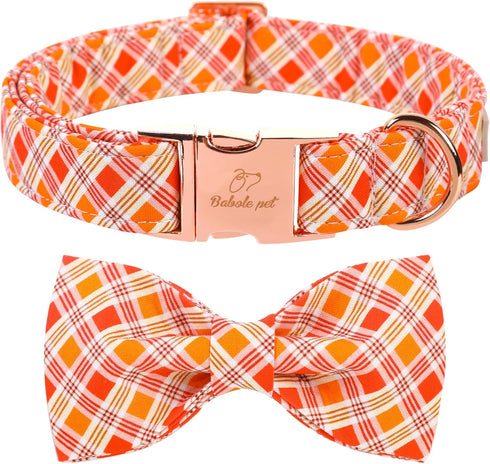 Fall Boy Dog Collar Bow Tie, Orange Striped Plaid Male Dog Collar with Safety Metal Buckle Adjustable Big Collars for Small Medium Large Dog,X-Lar...